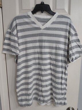 Gray and White Striped V-Neck Tee